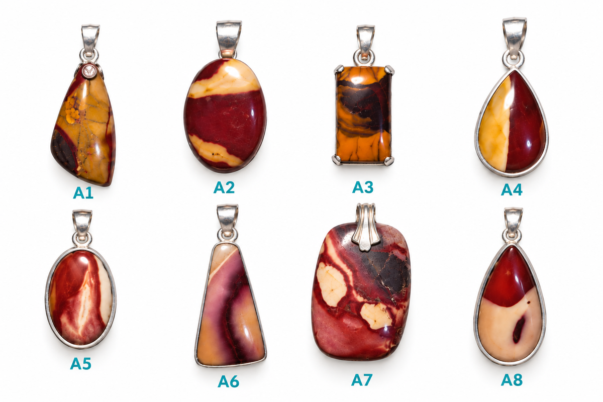 Colección de 8 colgantes de jaspe mookaita en plata 925, piezas A1 a A8